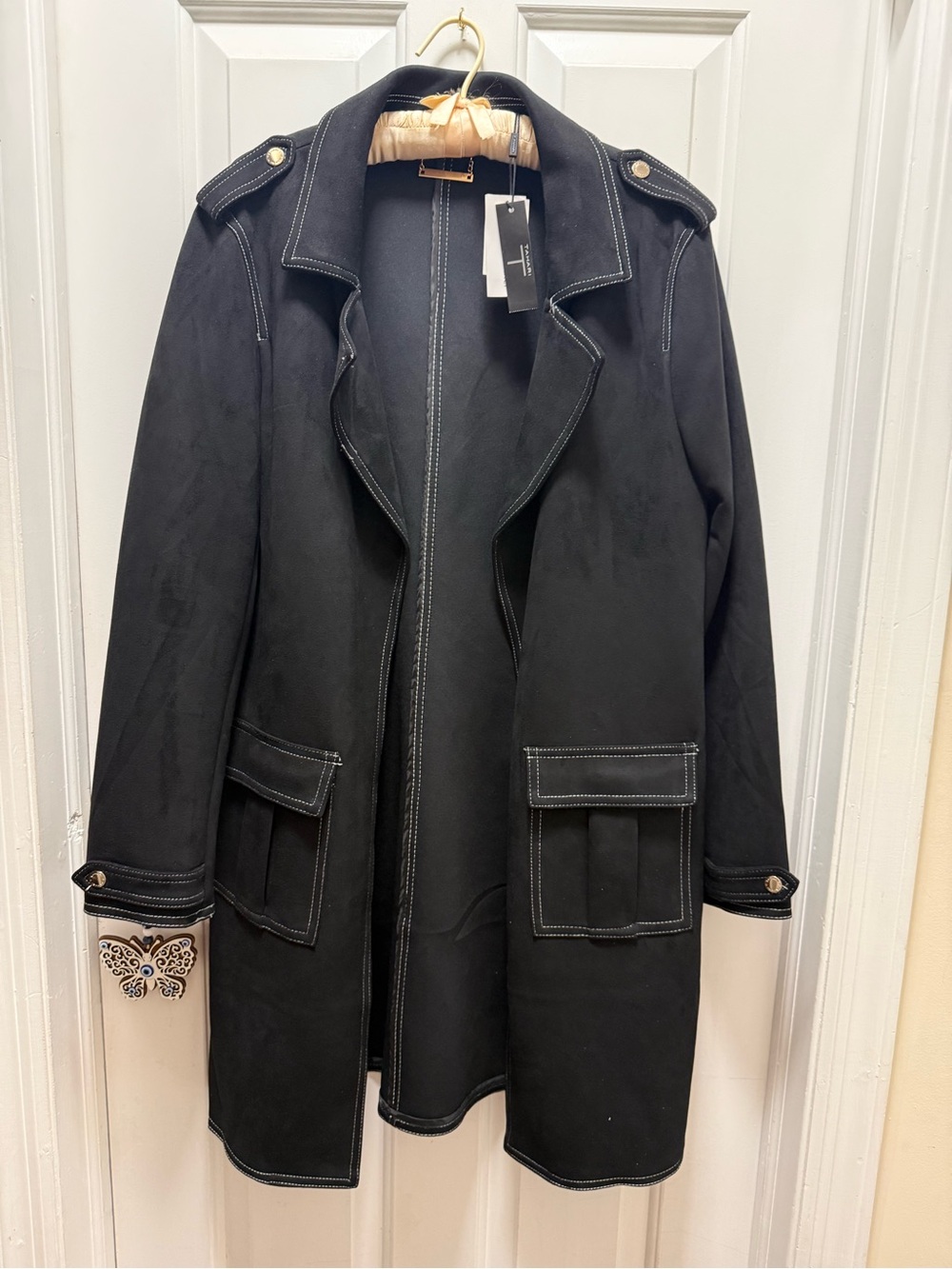 NWT Tahari Indie Sleek Faux Leather Moto Duster Trench Black Coat L Downtown